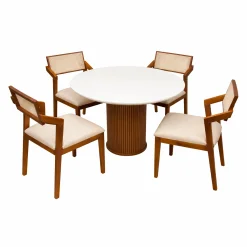Mesa De Jantar Dara 110cm Redonda Com Vidro E 4 Cadeiras Berlim Hr Em Linho Madeira Lj Moveis Cinamomo Off White Com Tecido Bege 98379