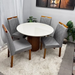 Mesa De Jantar Dara 110cm Redonda Com Vidro E 4 Cadeiras California Em Linho Estofadas Lj Moveis 47085