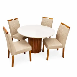 Mesa De Jantar Dara 110cm Redonda Com Vidro E 4 Cadeiras California Em Linho Estofadas Lj Moveis Cinamomo Off White Com Tecido Bege 63623