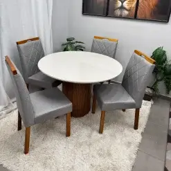 Mesa De Jantar Dara 110cm Redonda Com Vidro E 4 Cadeiras California Em Veludo Estofadas Lj Moveis 81398