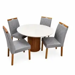 Mesa De Jantar Dara 110cm Redonda Com Vidro E 4 Cadeiras California Em Veludo Estofadas Lj Moveis Cinamomo Off White Com Tecido Cinza 30709