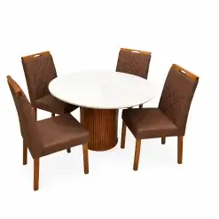 Mesa De Jantar Dara 110cm Redonda Com Vidro E 4 Cadeiras California Em Veludo Estofadas Lj Moveis Cinamomo Off White Com Tecido Marrom 96468