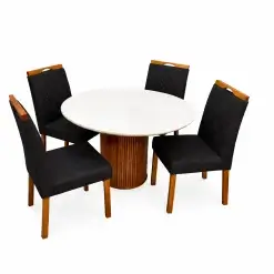 Mesa De Jantar Dara 110cm Redonda Com Vidro E 4 Cadeiras California Em Veludo Estofadas Lj Moveis Cinamomo Off White Com Tecido Preto 56939