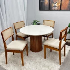 Mesa De Jantar Dara 110cm Redonda Com Vidro E 4 Cadeiras Canada Em Linho Madeira Lj Moveis 49949