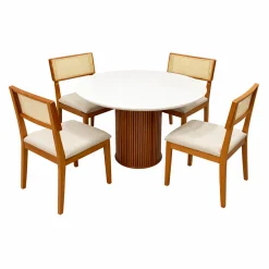 Mesa De Jantar Dara 110cm Redonda Com Vidro E 4 Cadeiras Canada Em Linho Madeira Lj Moveis Cinamomo Off White Com Tecido Bege 25325