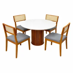 Mesa De Jantar Dara 110cm Redonda Com Vidro E 4 Cadeiras Canada Em Linho Madeira Lj Moveis Cinamomo Off White Com Tecido Cinza 89185
