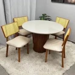 Mesa De Jantar Dara 110cm Redonda Com Vidro E 4 Cadeiras Diamante Em Linho Madeira Lj Moveis 55716