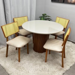 Mesa De Jantar Dara 110cm Redonda Com Vidro E 4 Cadeiras Diamante Em Linho Madeira Lj Moveis 55716