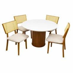 Mesa De Jantar Dara 110cm Redonda Com Vidro E 4 Cadeiras Diamante Em Linho Madeira Lj Moveis Cinamomo Off White Com Tecido Bege 78635