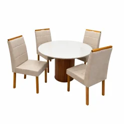 Mesa De Jantar Dara 110cm Redonda Com Vidro E 4 Cadeiras Giulia Em Linho Estofadas Lj Moveis Cinamomo Off White Com Tecido Bege 71572