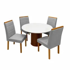 Mesa De Jantar Dara 110cm Redonda Com Vidro E 4 Cadeiras Giulia Em Linho Estofadas Lj Moveis Cinamomo Off White Com Tecido Cinza 62534