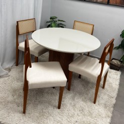 Mesa De Jantar Dara 110cm Redonda Com Vidro E 4 Cadeiras Grecia Em Linho Madeira Lj Moveis 55616