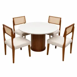 Mesa De Jantar Dara 110cm Redonda Com Vidro E 4 Cadeiras Grecia Em Linho Madeira Lj Moveis Cinamomo Off White Com Tecido Bege 90220