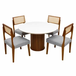Mesa De Jantar Dara 110cm Redonda Com Vidro E 4 Cadeiras Grecia Em Linho Madeira Lj Moveis Cinamomo Off White Com Tecido Cinza 59092