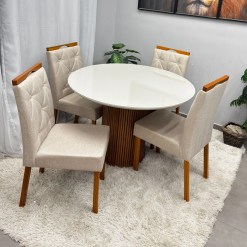 Mesa De Jantar Dara 110cm Redonda Com Vidro E 4 Cadeiras Jasmim Em Linho Estofadas Lj Moveis 52656