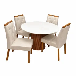 Mesa De Jantar Dara 110cm Redonda Com Vidro E 4 Cadeiras Jasmim Em Linho Estofadas Lj Moveis Cinamomo Off White Com Tecido Bege 98199