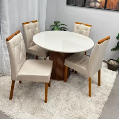 Mesa De Jantar Dara 110cm Redonda Com Vidro E 4 Cadeiras Jasmim Em Veludo Estofadas Lj Moveis 70006