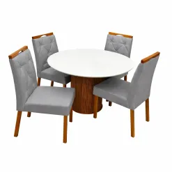 Mesa De Jantar Dara 110cm Redonda Com Vidro E 4 Cadeiras Jasmim Em Veludo Estofadas Lj Moveis Cinamomo Off White Com Tecido Cinza 70169
