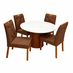 Mesa De Jantar Dara 110cm Redonda Com Vidro E 4 Cadeiras Jasmim Em Veludo Estofadas Lj Moveis Cinamomo Off White Com Tecido Marrom 23041