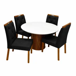 Mesa De Jantar Dara 110cm Redonda Com Vidro E 4 Cadeiras Jasmim Em Veludo Estofadas Lj Moveis Cinamomo Off White Com Tecido Preto 88365