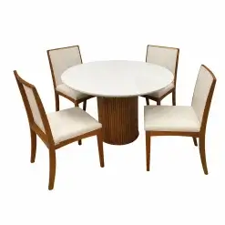 Mesa De Jantar Dara 110cm Redonda Com Vidro E 4 Cadeiras Lara Kappesberg Em Linho Madeira Lj Moveis Cinamomo Off White Com Tecido Bege 78564