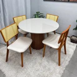 Mesa De Jantar Dara 110cm Redonda Com Vidro E 4 Cadeiras Livia Em Linho Madeira Lj Moveis 77268
