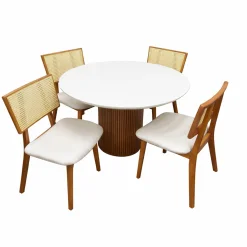 Mesa De Jantar Dara 110cm Redonda Com Vidro E 4 Cadeiras Livia Em Linho Madeira Lj Moveis Cinamomo Off White Com Tecido Bege 87043
