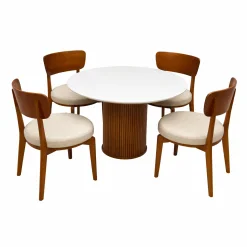 Mesa De Jantar Dara 110cm Redonda Com Vidro E 4 Cadeiras Maldivas Em Linho Madeira Lj Moveis Cinamomo Off White Com Tecido Bege 43411