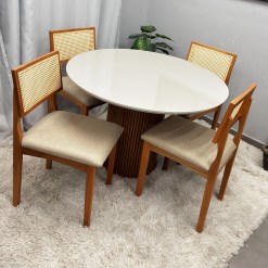 Mesa De Jantar Dara 110cm Redonda Com Vidro E 4 Cadeiras Monalisa Em Linho Madeira Lj Moveis 23744
