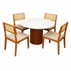 Mesa De Jantar Dara 110cm Redonda Com Vidro E 4 Cadeiras Monalisa Em Linho Madeira Lj Moveis Cinamomo Off White Com Tecido Bege 22793