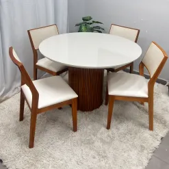 Mesa De Jantar Dara 110cm Redonda Com Vidro E 4 Cadeiras Oiti Em Linho Madeira Lj Moveis 95976
