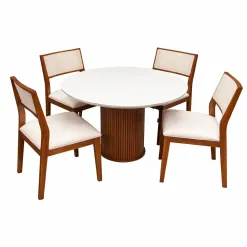Mesa De Jantar Dara 110cm Redonda Com Vidro E 4 Cadeiras Oiti Em Linho Madeira Lj Moveis Cinamomo Off White Com Tecido Bege 47598