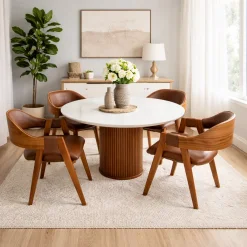 Mesa De Jantar Dara 110cm Redonda Com Vidro E 4 Cadeiras Perola Em Corino Madeira Lj Moveis 88506