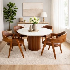 Mesa De Jantar Dara 110cm Redonda Com Vidro E 4 Cadeiras Perola Em Corino Madeira Lj Moveis 88506