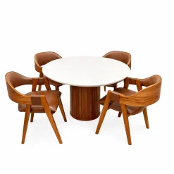 Mesa De Jantar Dara 110cm Redonda Com Vidro E 4 Cadeiras Perola Em Corino Madeira Lj Moveis Cinamomo Off White Com Tecido Marrom 74527