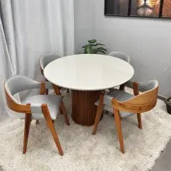 Mesa De Jantar Dara 110cm Redonda Com Vidro E 4 Cadeiras Perola Em Linho Madeira Lj Moveis 88060