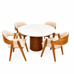 Mesa De Jantar Dara 110cm Redonda Com Vidro E 4 Cadeiras Perola Em Linho Madeira Lj Moveis Cinamomo Off White Com Tecido Bege 98014