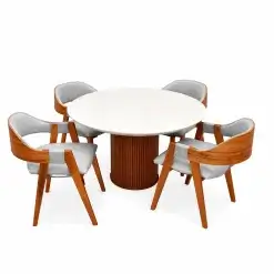 Mesa De Jantar Dara 110cm Redonda Com Vidro E 4 Cadeiras Perola Em Linho Madeira Lj Moveis Cinamomo Off White Com Tecido Cinza 32156
