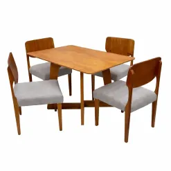 Mesa De Jantar Dubai Flex 120x80cm Sem Vidro E 4 Cadeiras Barcelona Em Linho Madeira Cel Moveis Cinamomo Com Tecido Cinza 91566