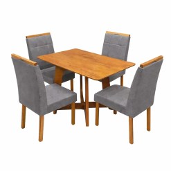 Mesa De Jantar Dubai Flex 120x80cm Sem Vidro E 4 Cadeiras Giulia Em Linho Estofadas Cel Moveis Cinamomo Off White Com Tecido Cinza 54605