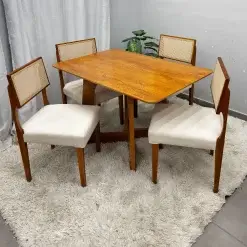 Mesa De Jantar Dubai Flex 120x80cm Sem Vidro E 4 Cadeiras Grecia Em Linho Madeira Cel Moveis 82593