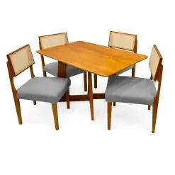 Mesa De Jantar Dubai Flex 120x80cm Sem Vidro E 4 Cadeiras Grecia Em Linho Madeira Cel Moveis Cinamomo Com Tecido Cinza 17503
