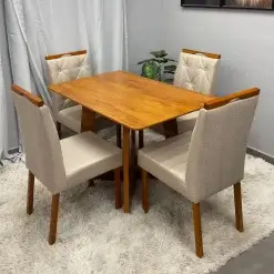 Mesa De Jantar Dubai Flex 120x80cm Sem Vidro E 4 Cadeiras Jasmim Em Linho Estofadas Cel Moveis 56694