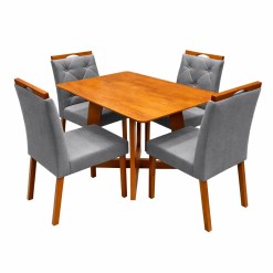 Mesa De Jantar Dubai Flex 120x80cm Sem Vidro E 4 Cadeiras Jasmim Em Linho Estofadas Cel Moveis Cinamomo Off White Com Tecido Cinza 70817