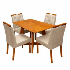 Mesa De Jantar Dubai Flex 120x80cm Sem Vidro E 4 Cadeiras Jasmim Em Veludo Estofadas Cel Moveis Cinamomo Off White Com Tecido Bege 29383