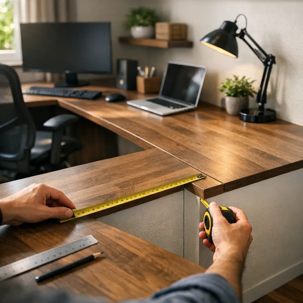Mesa em L para home office: como medir o canto, mãos medindo o encaixe com trena