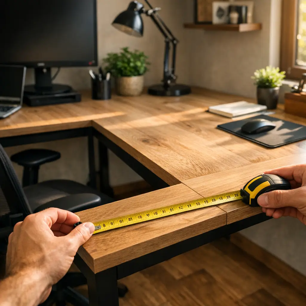 Mesa em L para home office: como medir o canto, trena na borda da mesa
