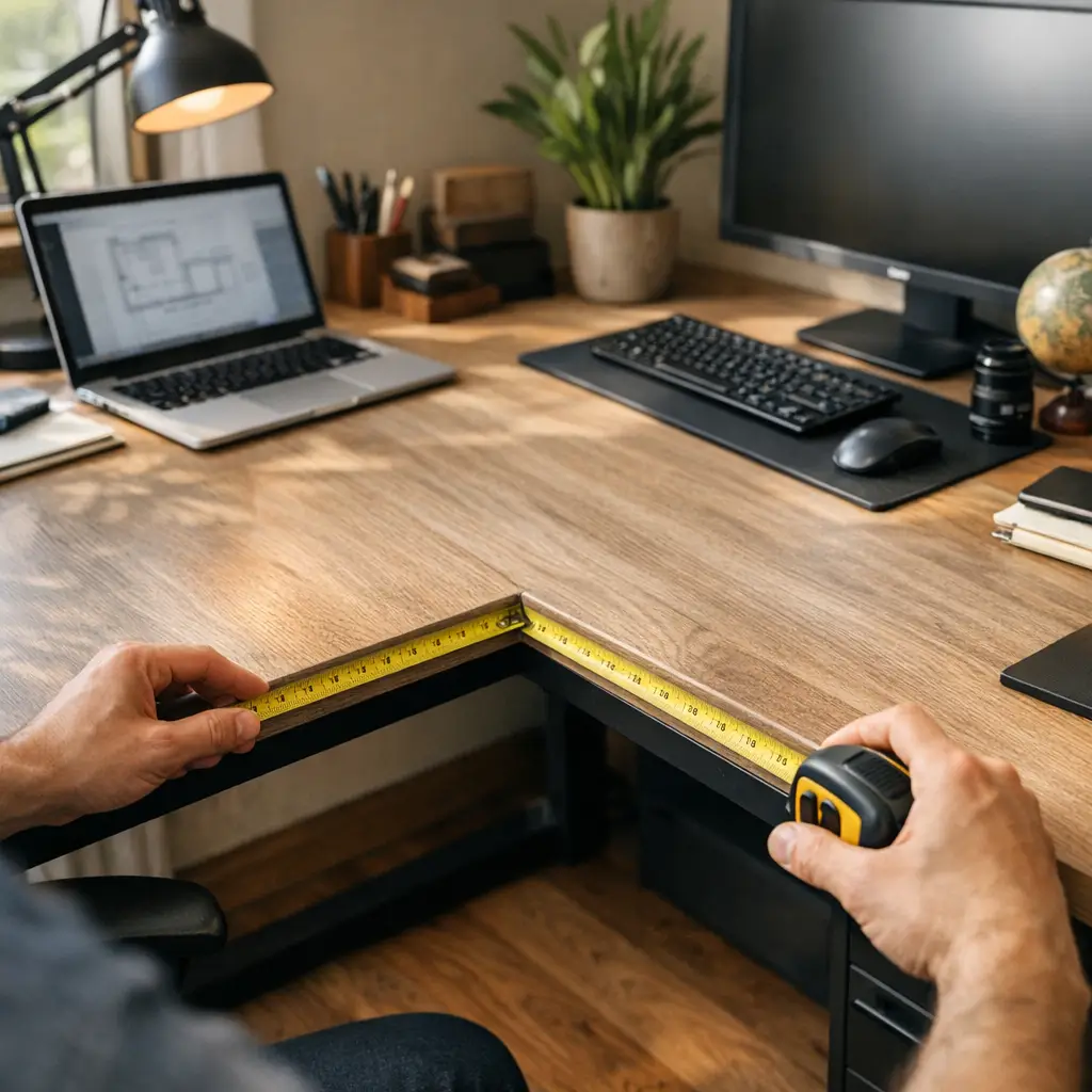 Mesa em L para home office: como medir o canto, trena no canto interno da mesa de madeira