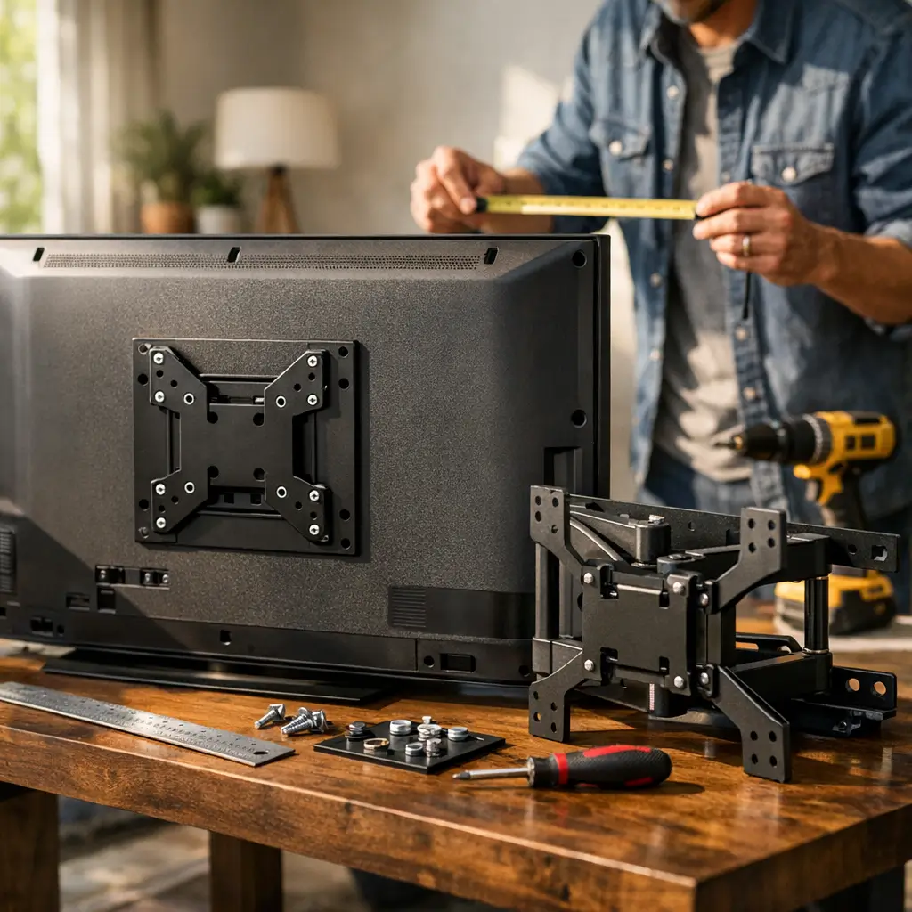 Padrão VESA da TV: como saber antes de comprar, TV de costas com suporte e trena nas mãos