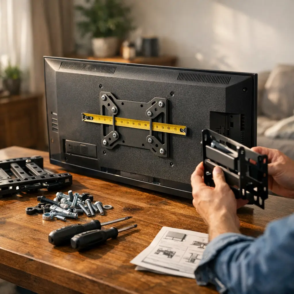 Padrão VESA da TV: como saber antes de comprar, fita medindo furação atrás da TV e suporte na mão